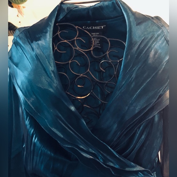 Cachet Women's Deep Blue Teal Satin Blouse - Picture 4 of 12